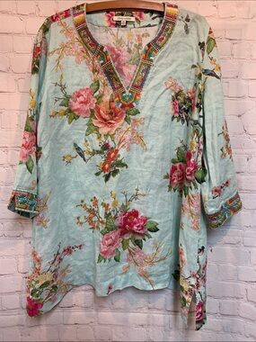 John Mark Floral Bird Linen-Blend Tunic Size M 44”